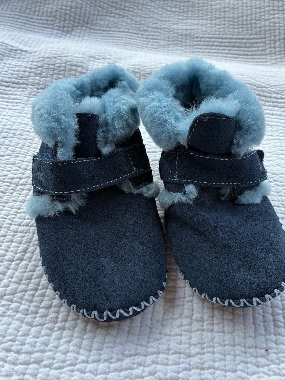 Navy Blue Suede Baby Slippers with Soft Shearling Trim